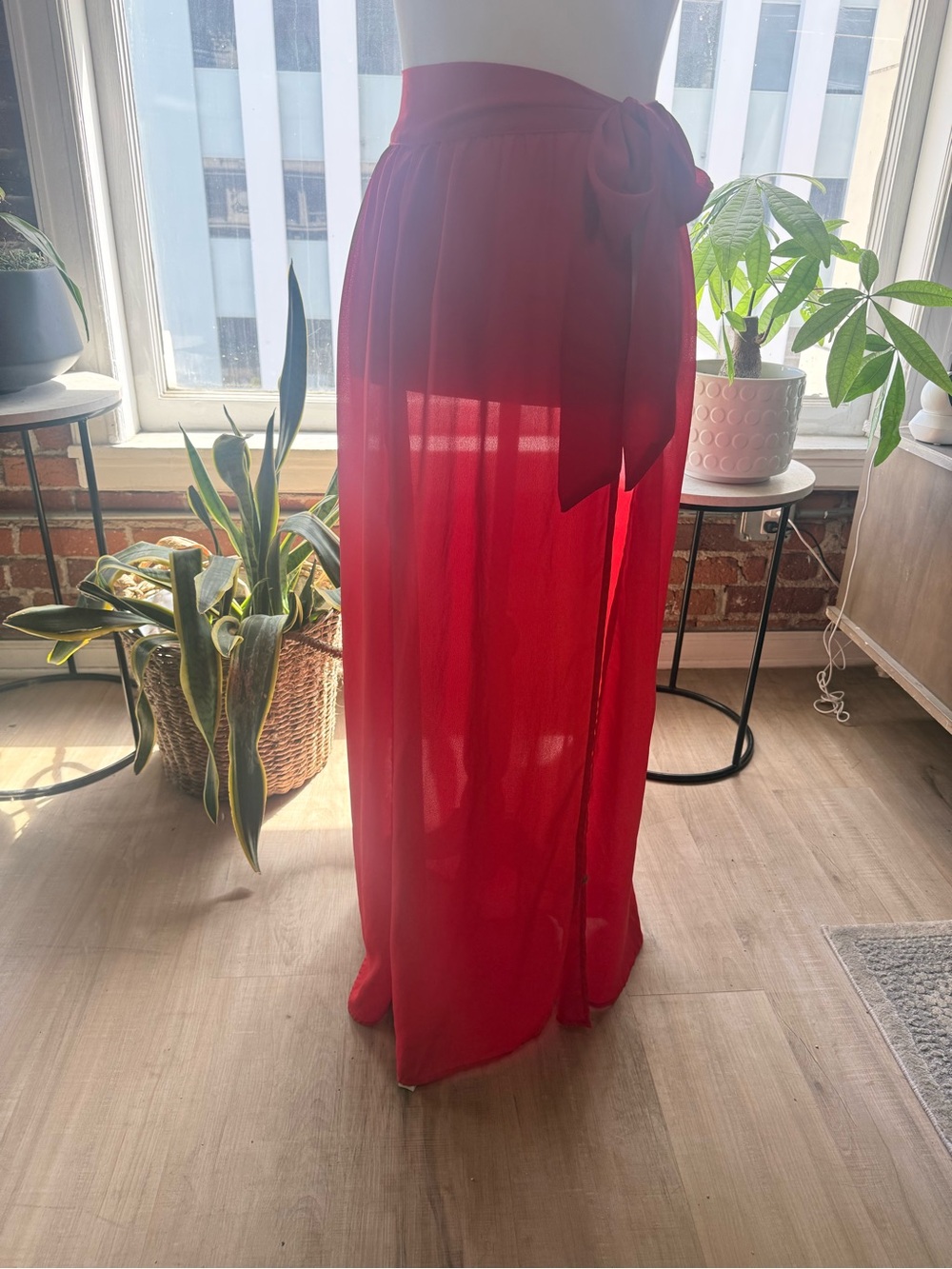 Sheer Red Tie-Waist Maxi Skirt